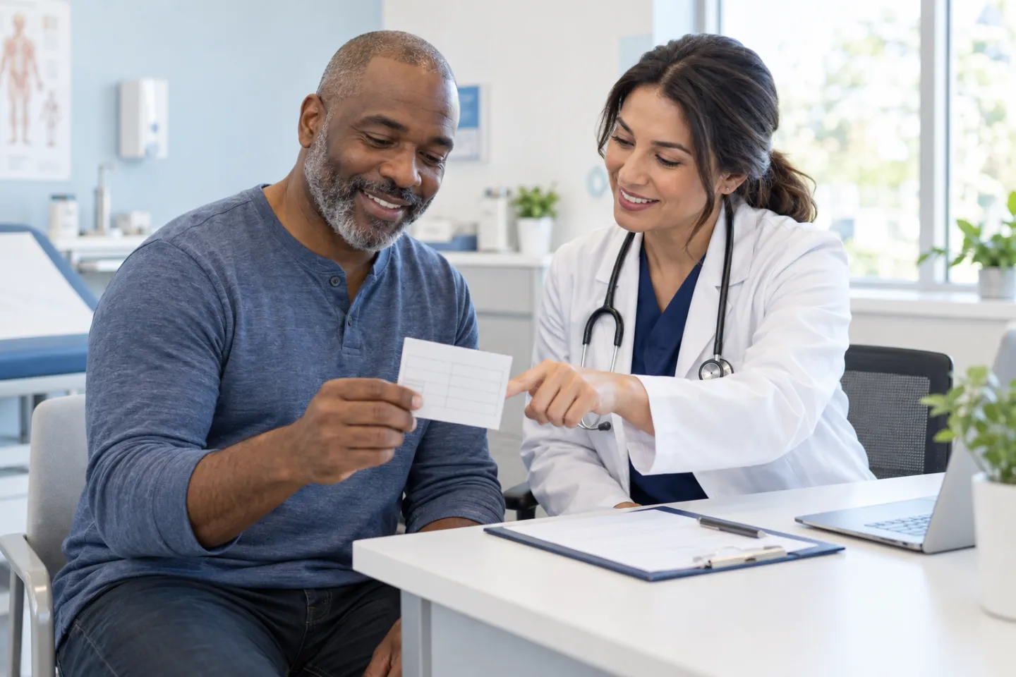 An adult reviewing an immunization record with a clinician before vaccination