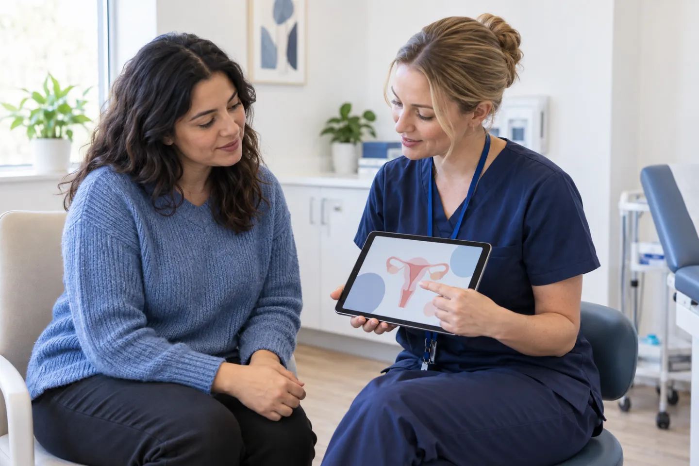 A clinician explaining cervical screening information to an adult patient in a private exam room