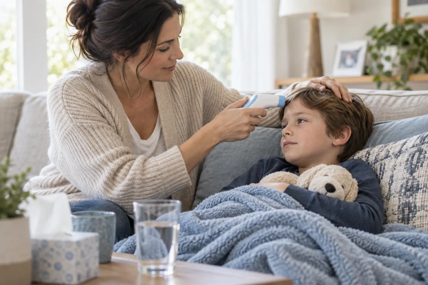 A parent gently checking a resting child's temperature at home