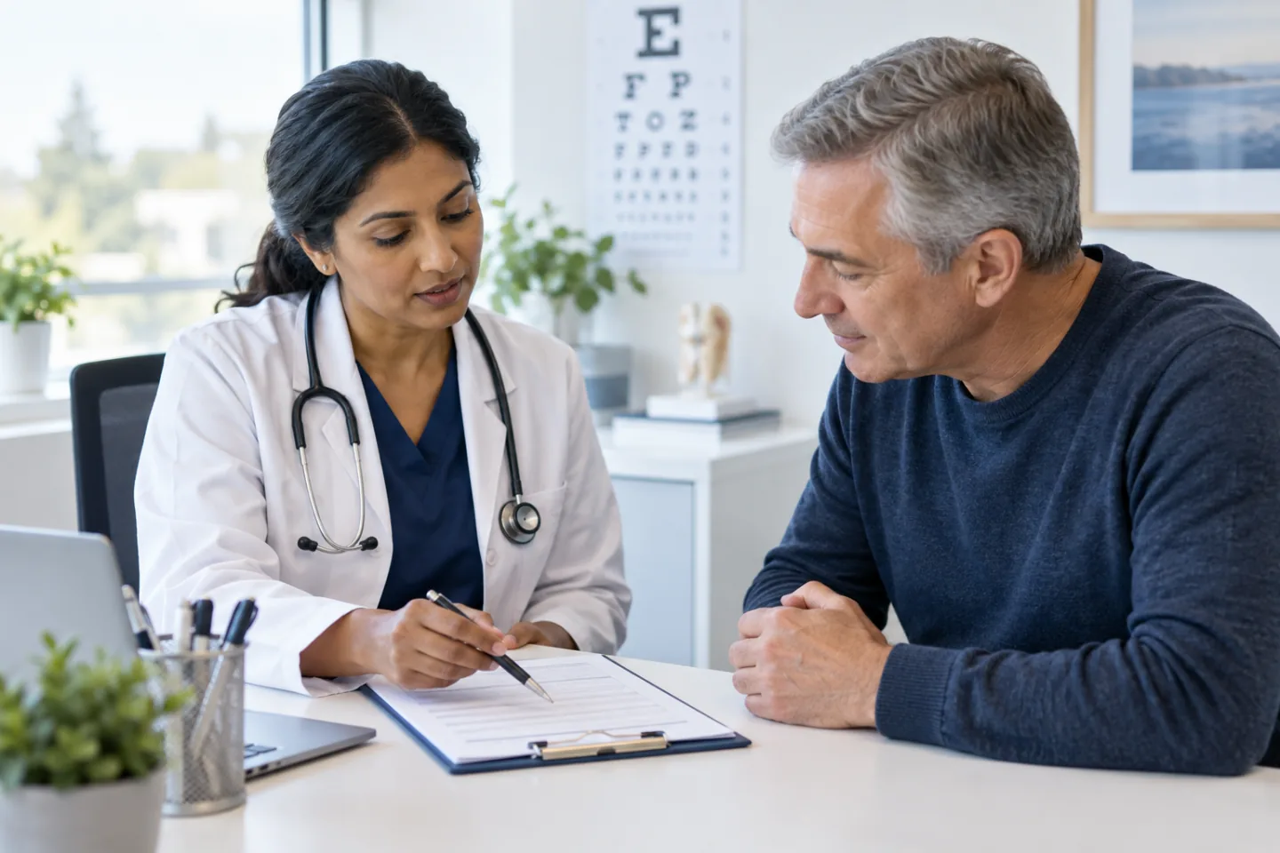 A clinician reviewing a driver medical assessment with a patient