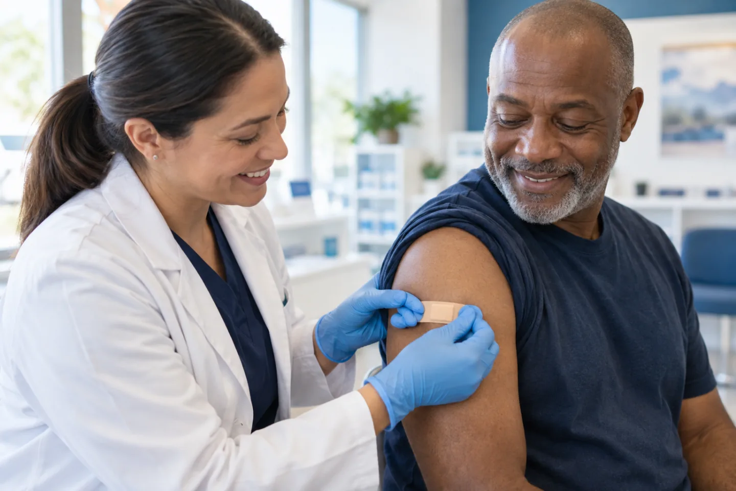 A clinician placing a bandage on a patient after a flu vaccination