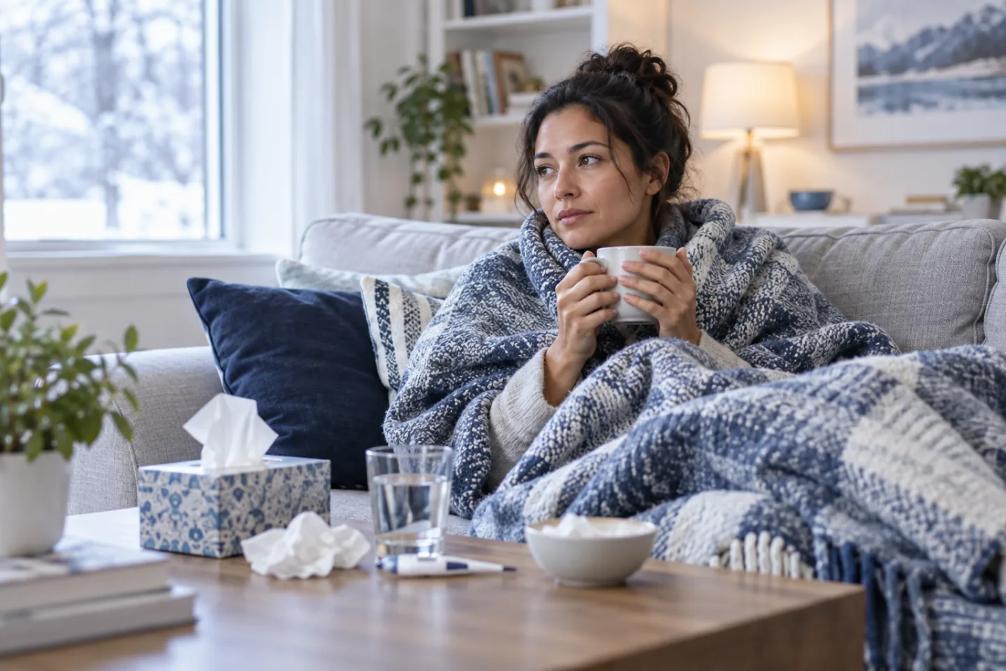A person resting at home with a warm drink and flu care supplies