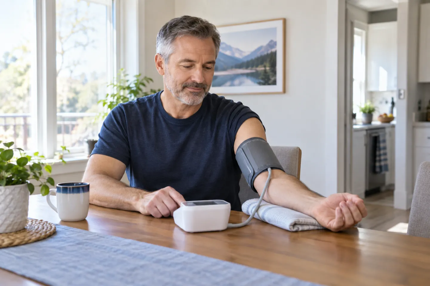 An adult correctly checking blood pressure at home with an upper-arm monitor