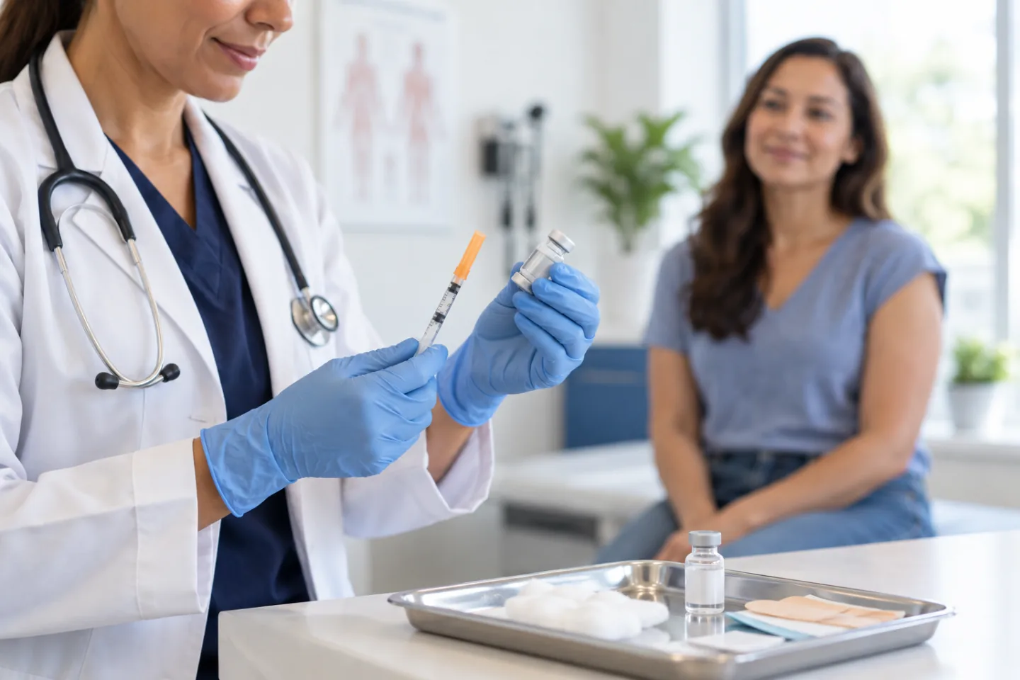 A clinician preparing a routine HPV vaccination in a bright clinic