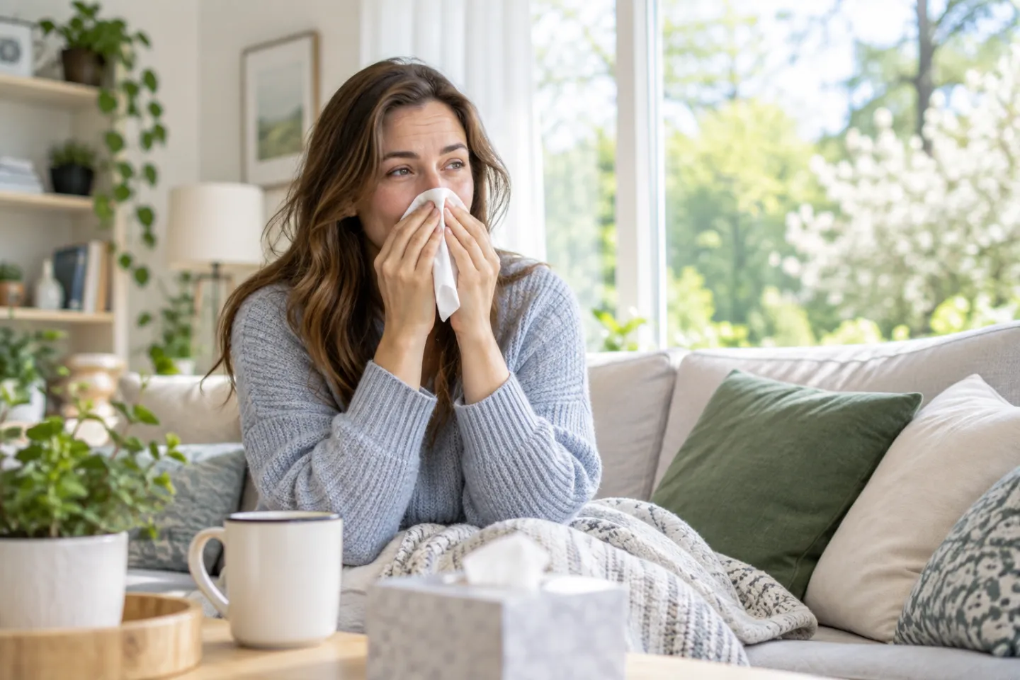 An adult with seasonal allergy symptoms near a bright window during spring