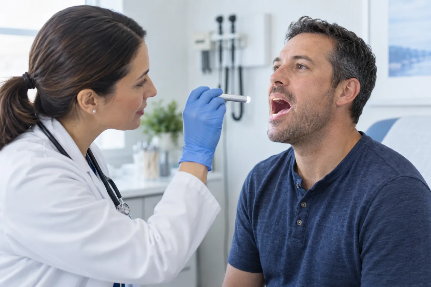 A clinician examining an adult patient's throat with a small light