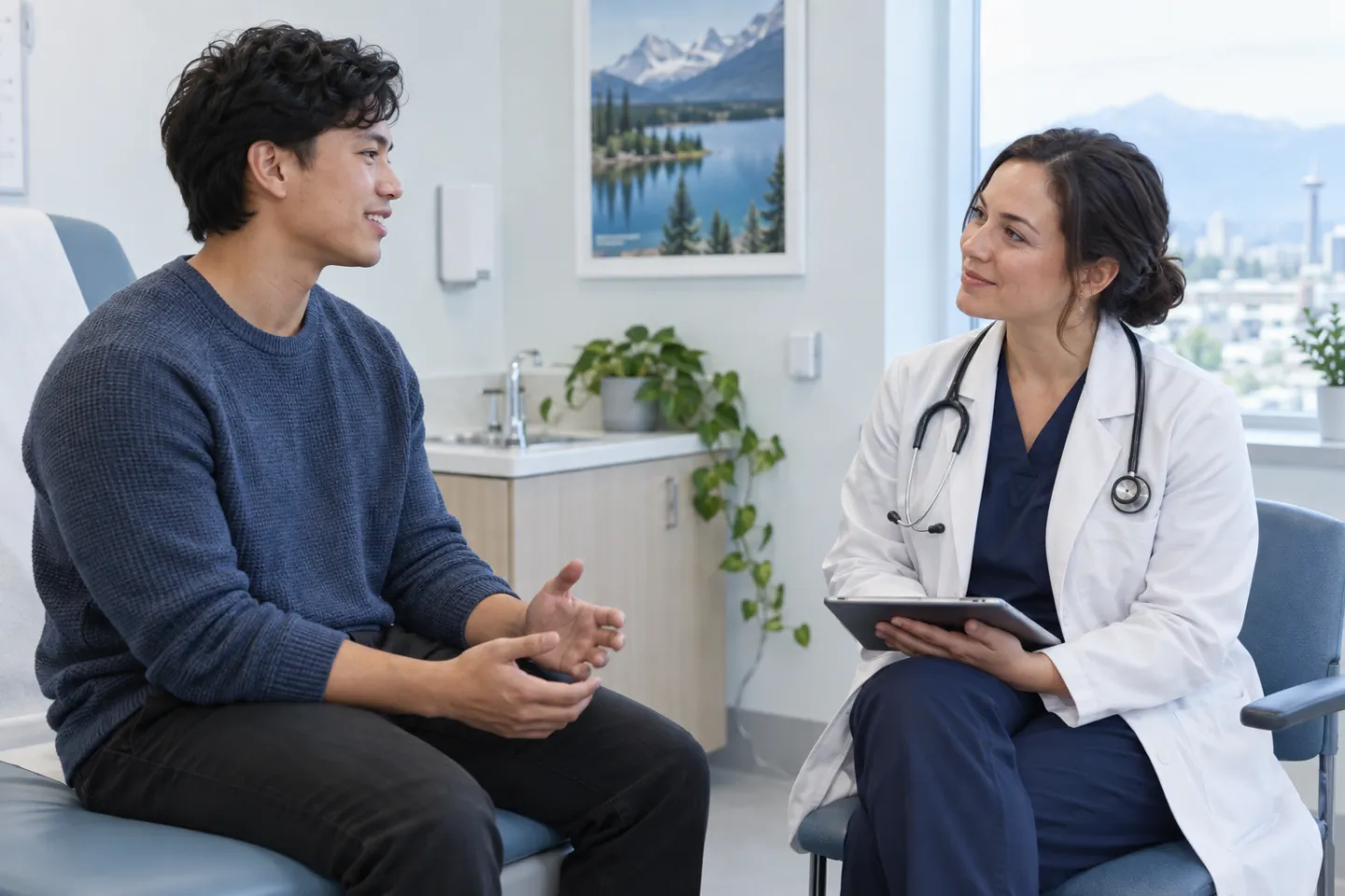 A clinician having a confidential, respectful sexual health conversation with an adult patient
