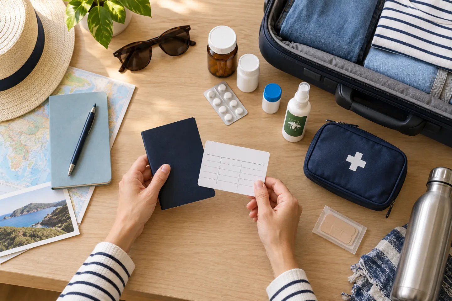 A traveller organizing vaccination records, medication and a passport before an international trip