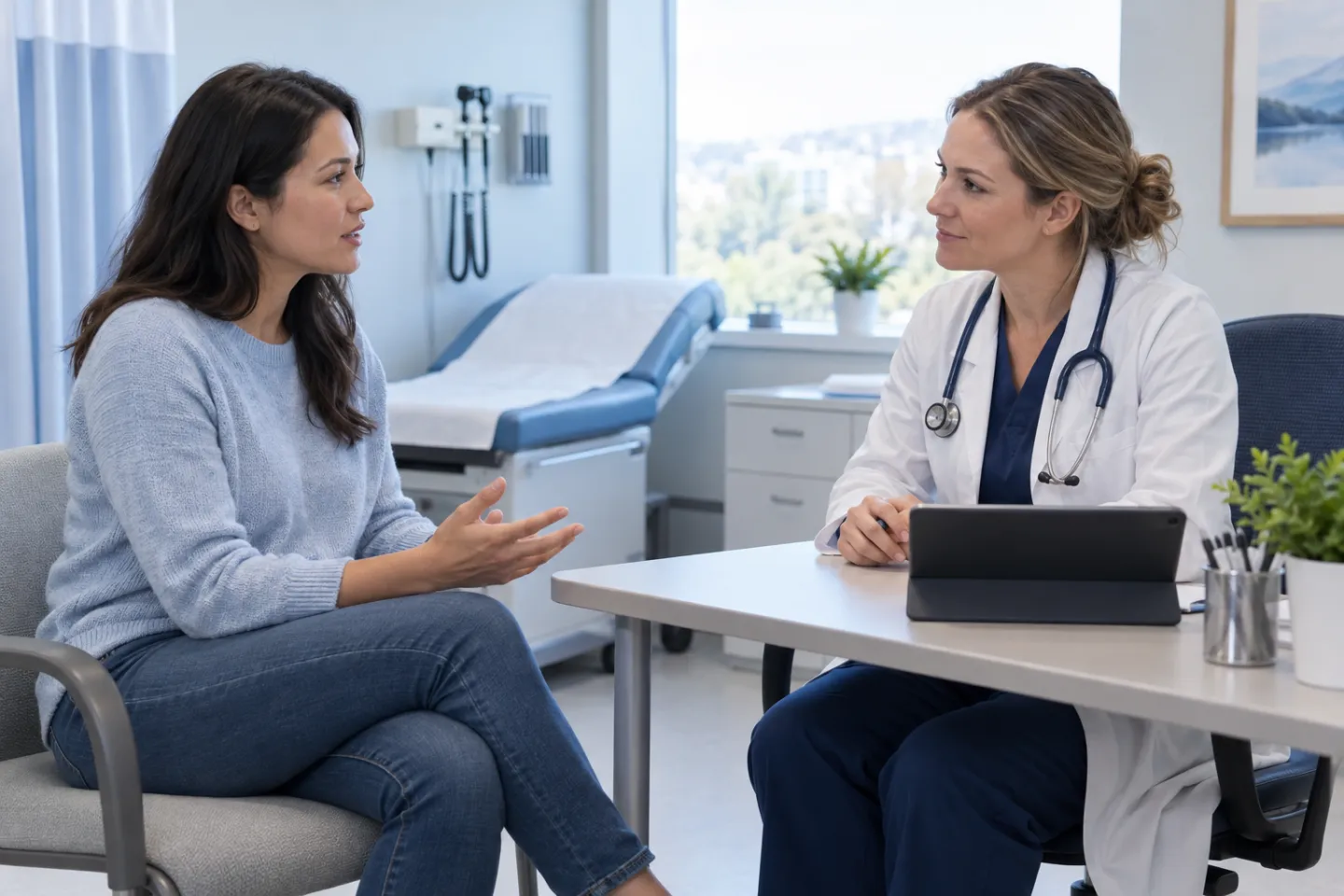 A patient speaking privately with a clinician about urinary symptoms