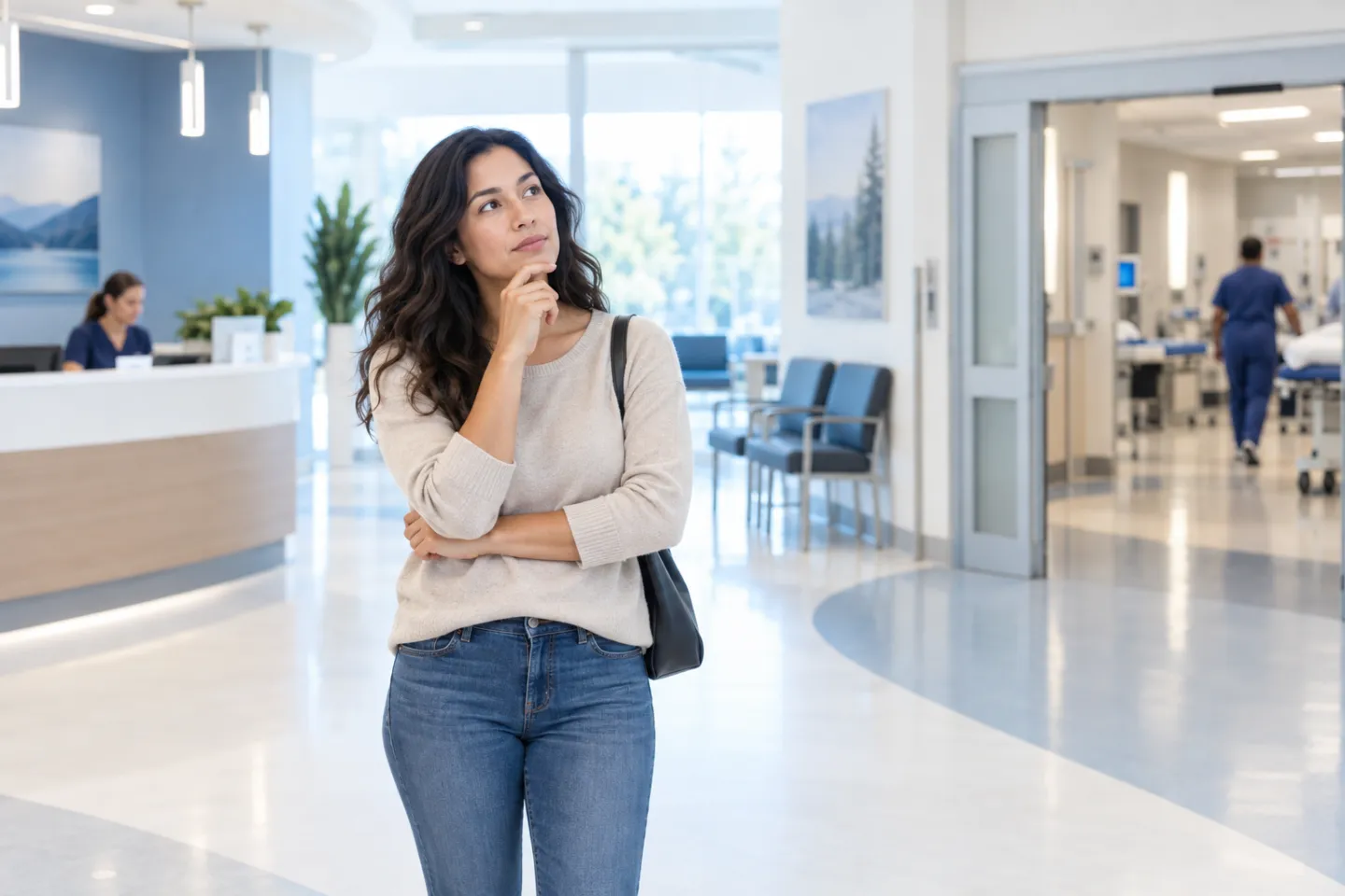 A patient considering walk-in clinic and emergency care options in a bright healthcare setting